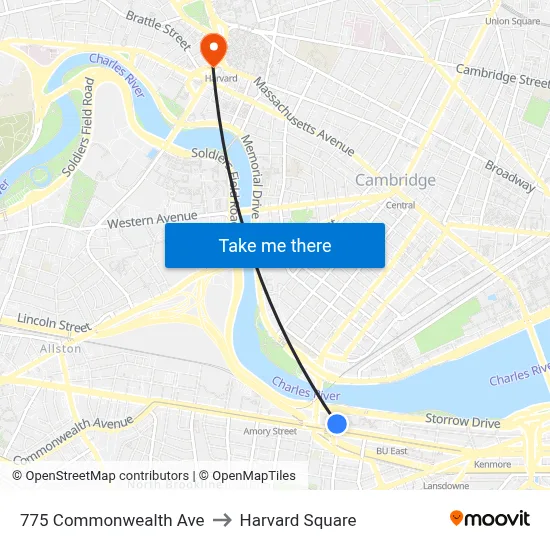 775 Commonwealth Ave to Harvard Square map