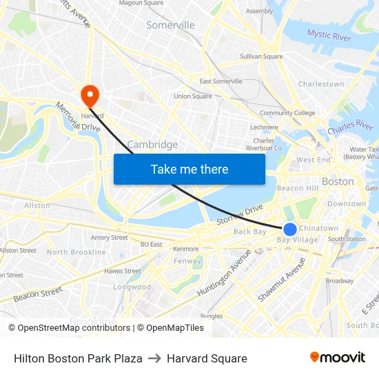 Hilton Boston Park Plaza to Harvard Square map