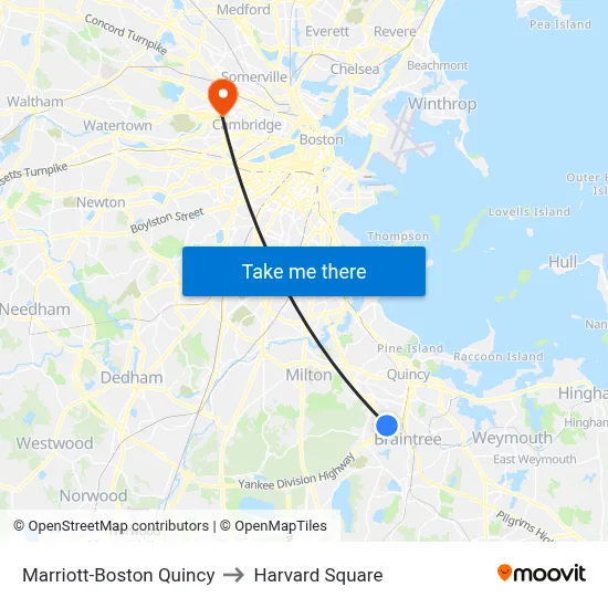 Marriott-Boston Quincy to Harvard Square map