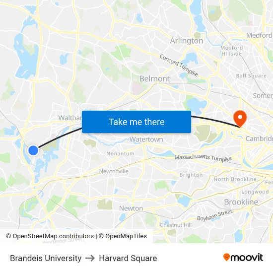 Brandeis University to Harvard Square map