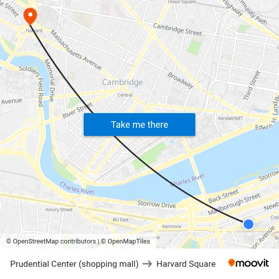 Prudential Center (shopping mall) to Harvard Square map