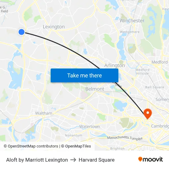 Aloft by Marriott Lexington to Harvard Square map