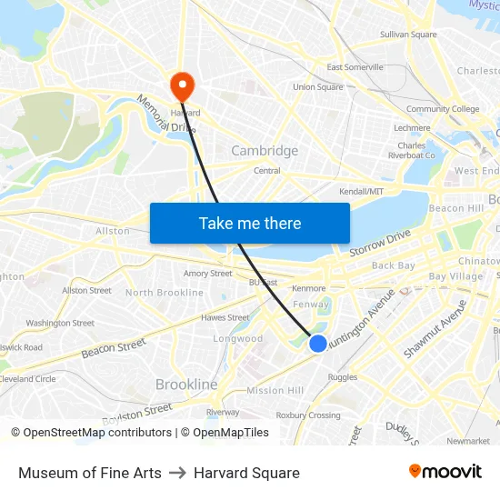 Museum of Fine Arts to Harvard Square map