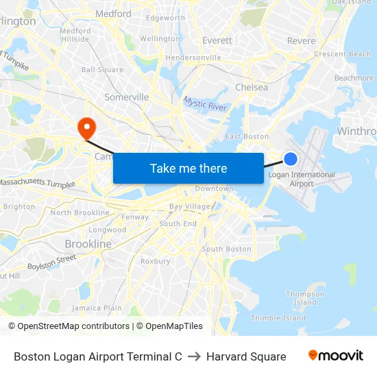 Boston Logan Airport Terminal C to Harvard Square map