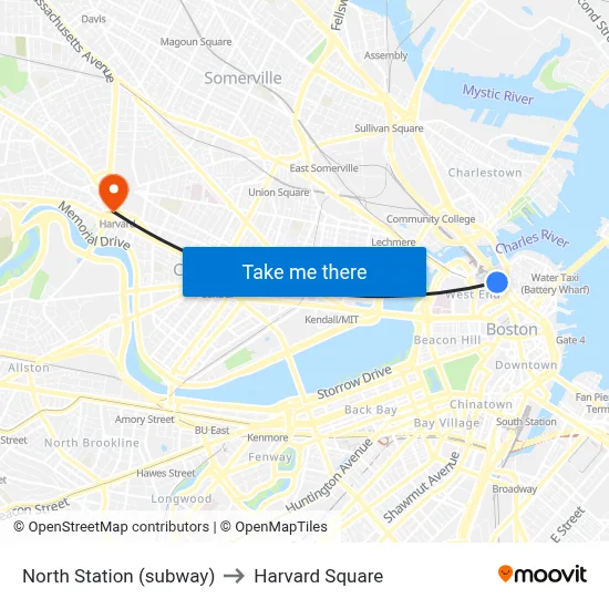 North Station (subway) to Harvard Square map
