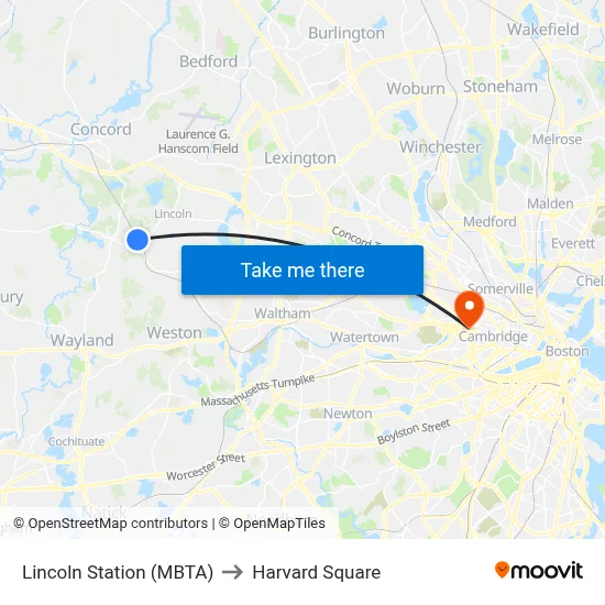 Lincoln Station (MBTA) to Harvard Square map