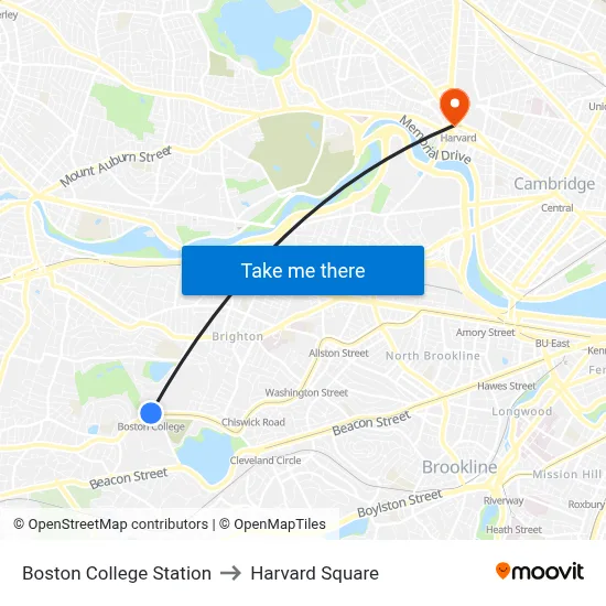 Boston College Station to Harvard Square map