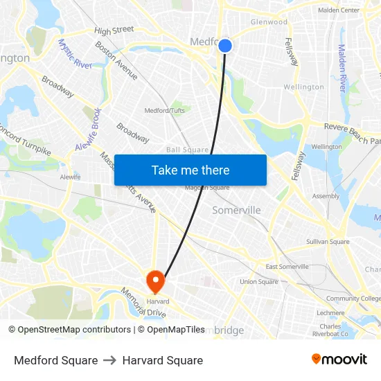 Medford Square to Harvard Square map