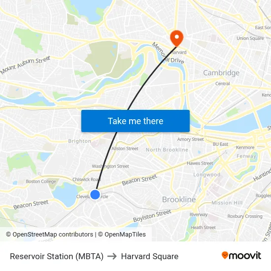 Reservoir Station (MBTA) to Harvard Square map