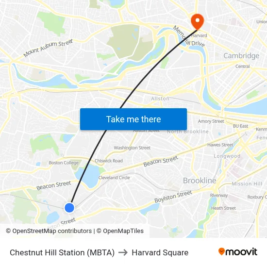 Chestnut Hill Station (MBTA) to Harvard Square map