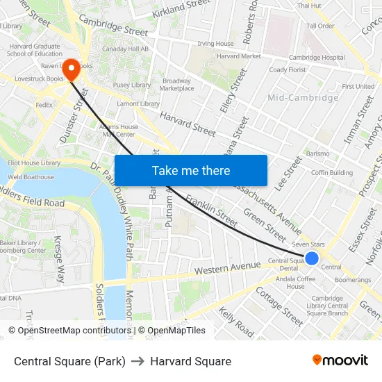 Central Square (Park) to Harvard Square map