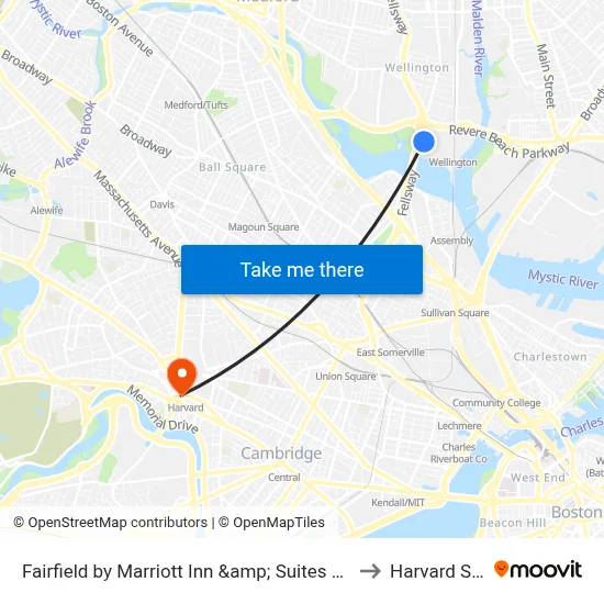 Fairfield by Marriott Inn &amp; Suites Boston Medford to Harvard Square map