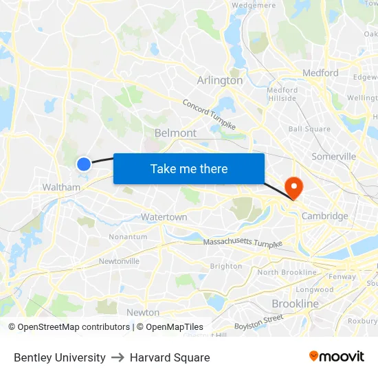 Bentley University to Harvard Square map