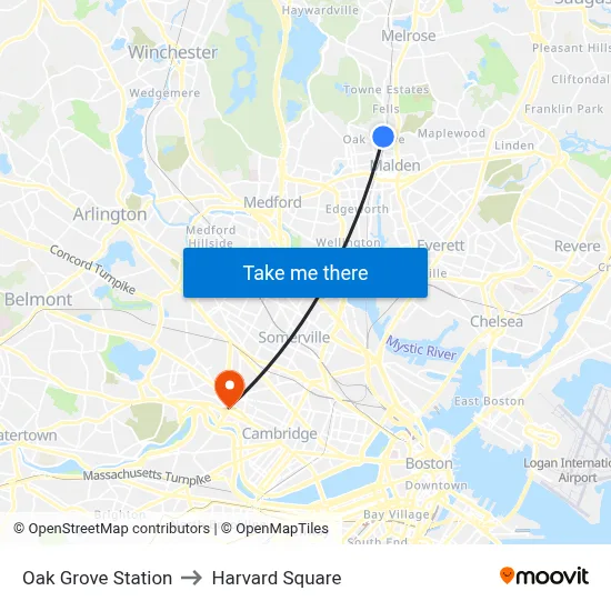 Oak Grove Station to Harvard Square map