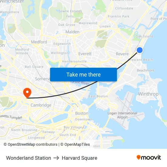 Wonderland Station, 1300 North Shore to Harvard Square map