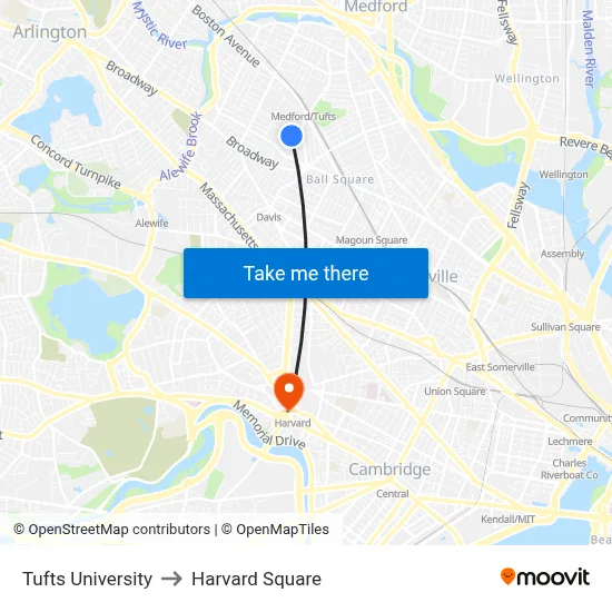 Tufts University, 40 Talbot Ave to Harvard Square map