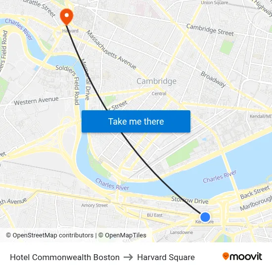 Hotel Commonwealth Boston to Harvard Square map