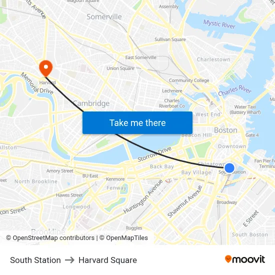 South Station to Harvard Square map