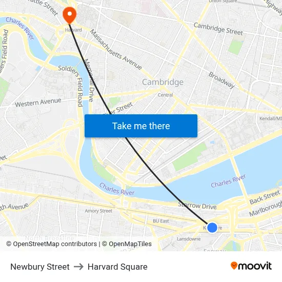 Newbury Street to Harvard Square map