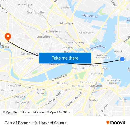 Port of Boston to Harvard Square map