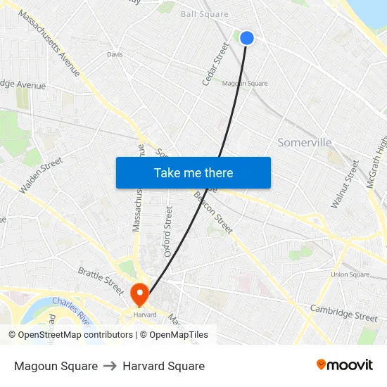 Magoun Square to Harvard Square map