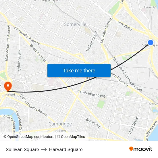 Sullivan Square to Harvard Square map