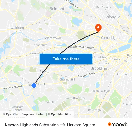 Newton Highlands Substation to Harvard Square map