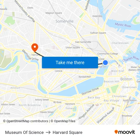 Museum Of Science to Harvard Square map