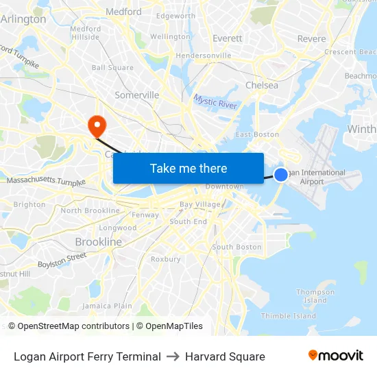 Logan Airport Ferry Terminal to Harvard Square map