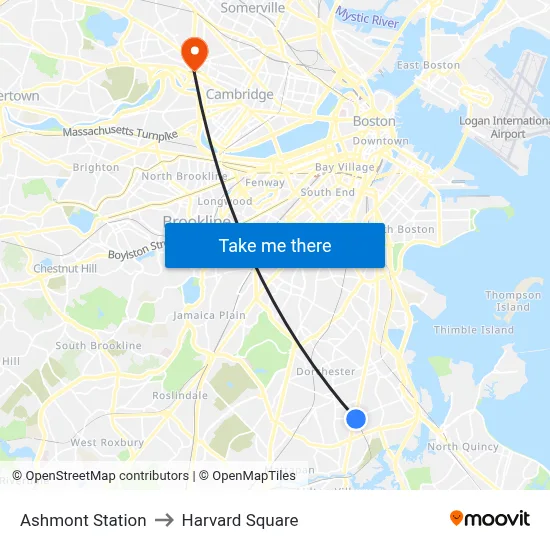 Ashmont Station to Harvard Square map