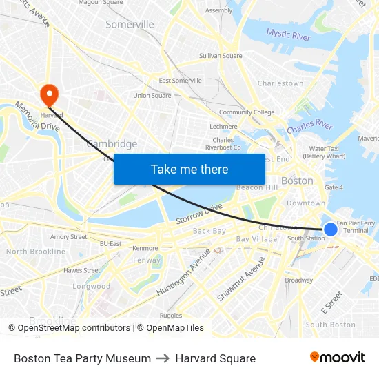 Boston Tea Party Museum to Harvard Square map