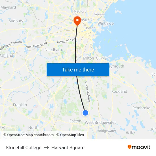 Stonehill College to Harvard Square map