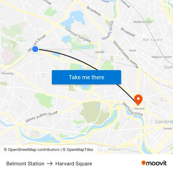 Belmont Station to Harvard Square map
