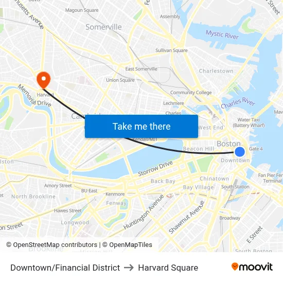 Downtown/Financial District to Harvard Square map