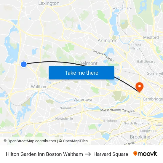 Hilton Garden Inn Boston Waltham to Harvard Square map
