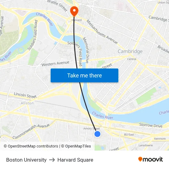 Boston University to Harvard Square map
