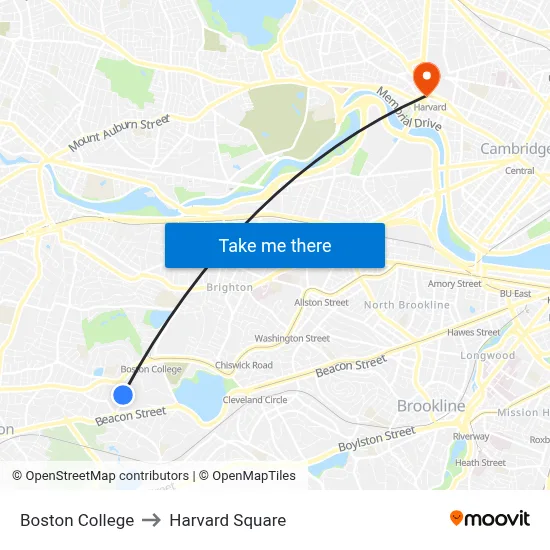 Boston College to Harvard Square map