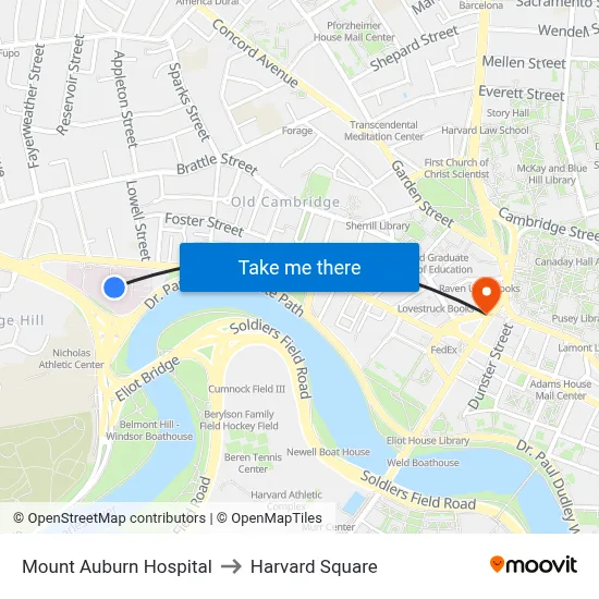 Mount Auburn Hospital to Harvard Square map
