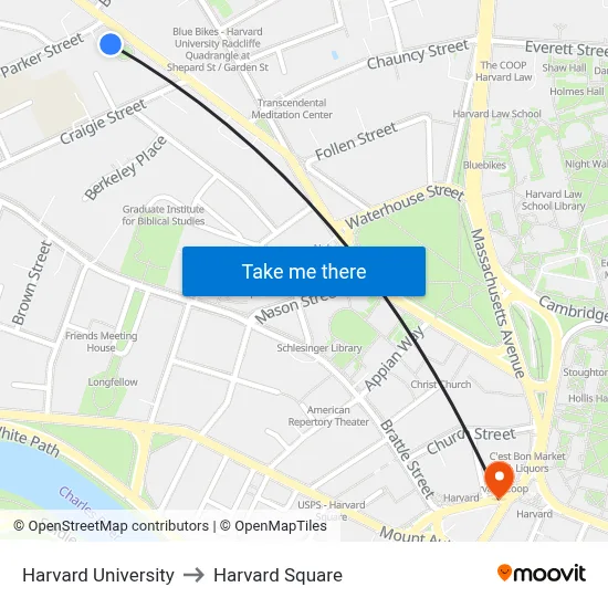 Harvard University to Harvard Square map