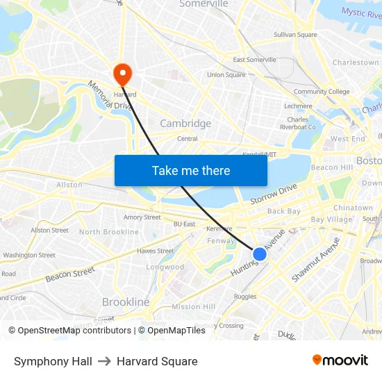 Symphony Hall to Harvard Square map