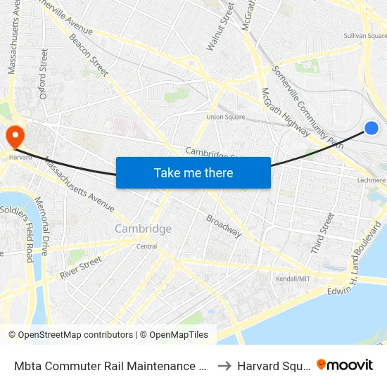 Mbta Commuter Rail Maintenance Facility to Harvard Square map
