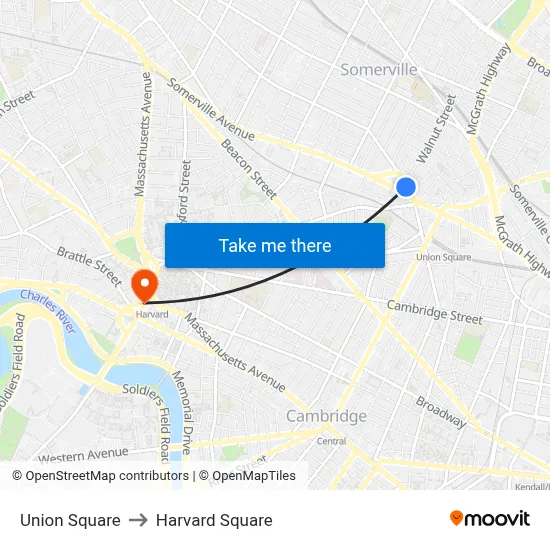 Union Square to Harvard Square map