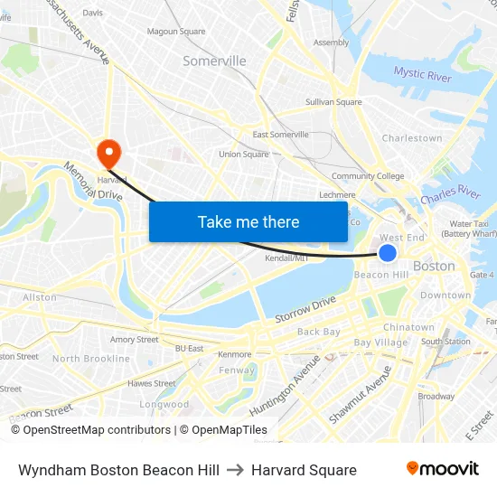 Wyndham Boston Beacon Hill to Harvard Square map