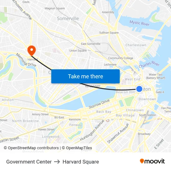 Government Center to Harvard Square map