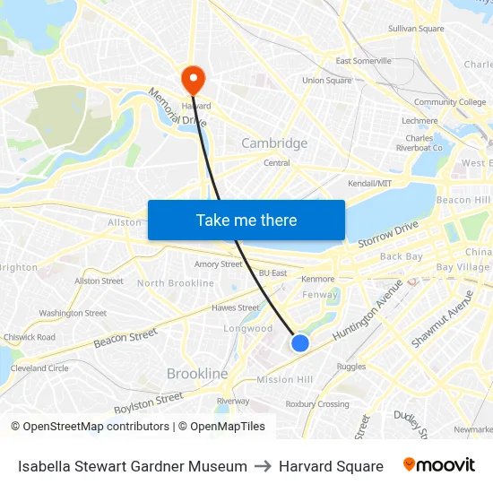 Isabella Stewart Gardner Museum to Harvard Square map