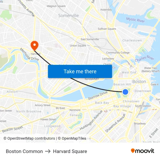 Boston Common to Harvard Square map