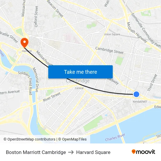 Boston Marriott Cambridge to Harvard Square map