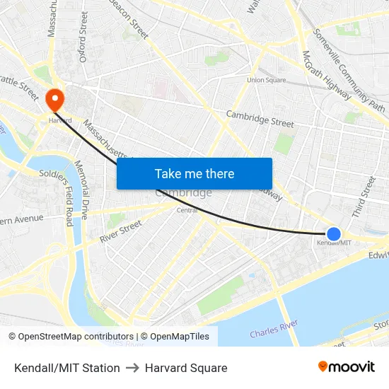 Kendall/MIT Station to Harvard Square map