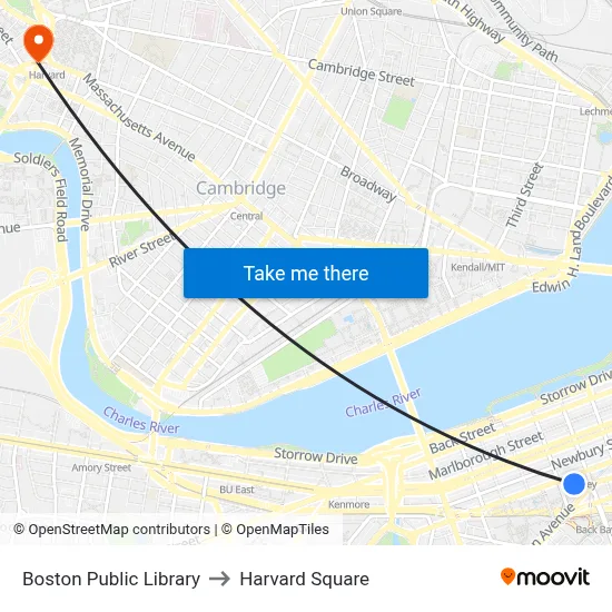 Boston Public Library to Harvard Square map