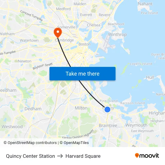 Quincy Center Station to Harvard Square map